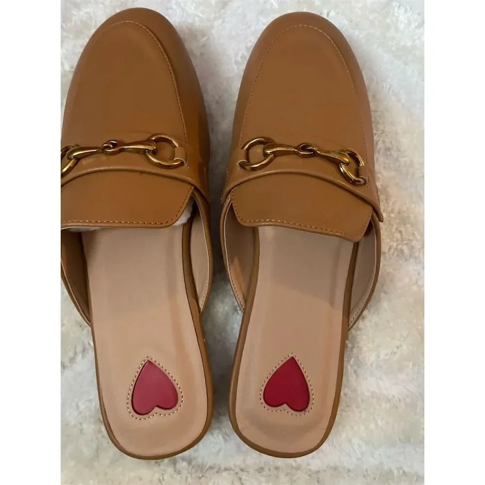 Women's Brown Leather Slip-On Mules Size 7.5 w/ Buckle & Heart Accent - Picture 5 of 8